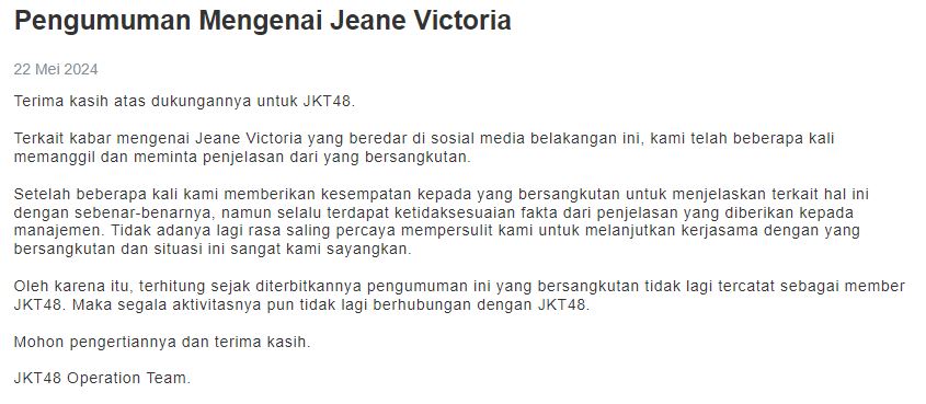 Buntut postingan viral dengan cowok, Jeane JKT48 dikeluarkan dari grup karena langgar ‘golden rules’