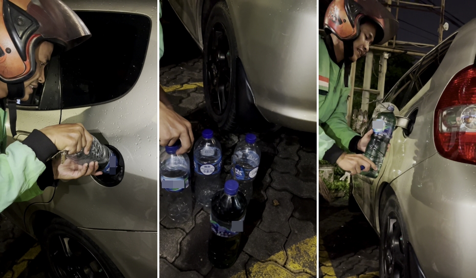  Momen wanita panik mobilnya kehabisan bensin ini langsung pesen ojek online, jadi pahlawan dadakan