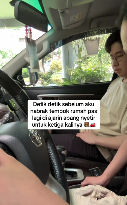 Berawal salah injak gas, momen wanita belajar mobil ini endingnya bikin tercengang