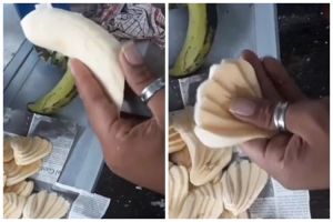 Nggak perlu pakai talenan, ini cara mudah potong pisang kipas hasilnya utuh dan nggak mudah putus