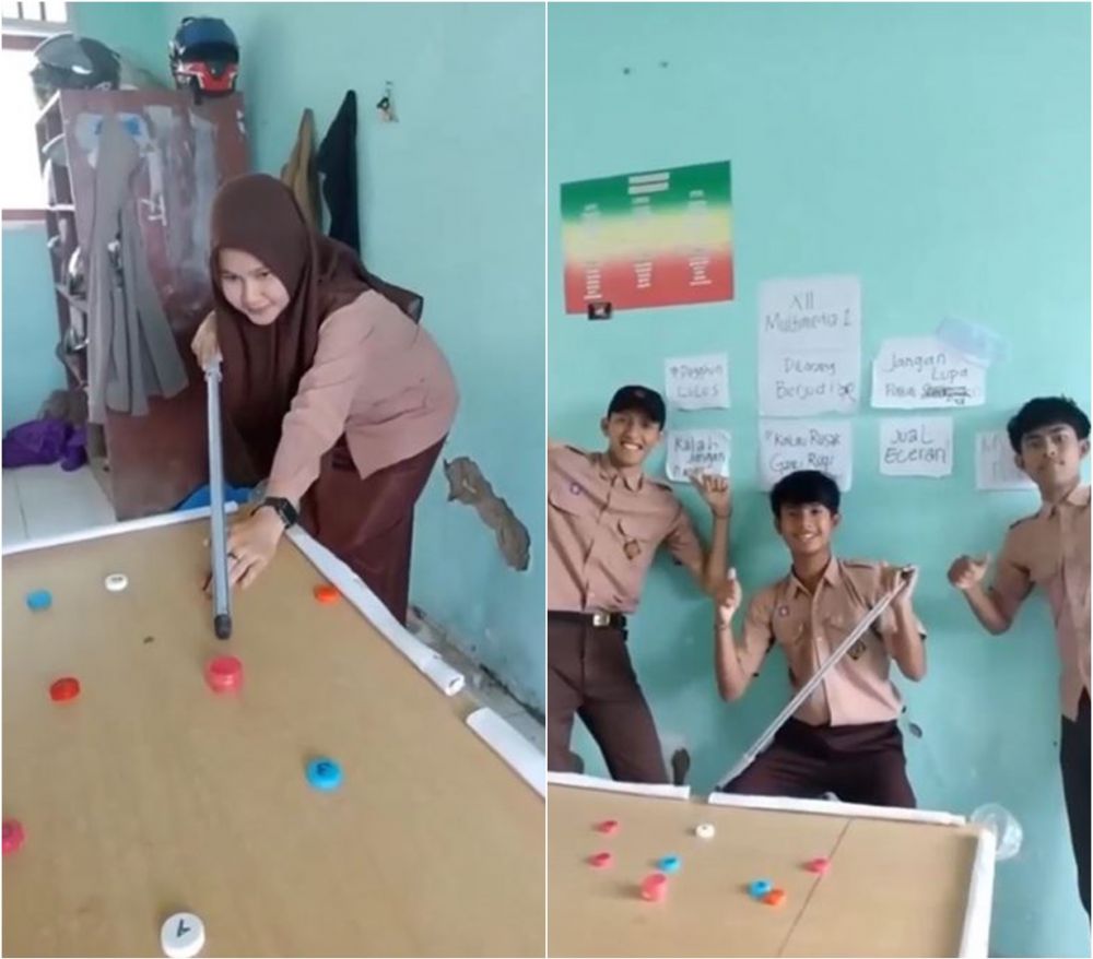 Lifehack nyeleneh siswa bikin mainan biliar versi low budget, nggak kalah seru dengan aslinya