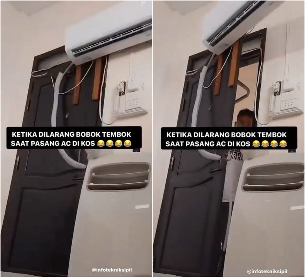 Dilarang membobok tembok kos, lifehack nyeleneh pria pas pasang AC ini idenya menantang gravitasi