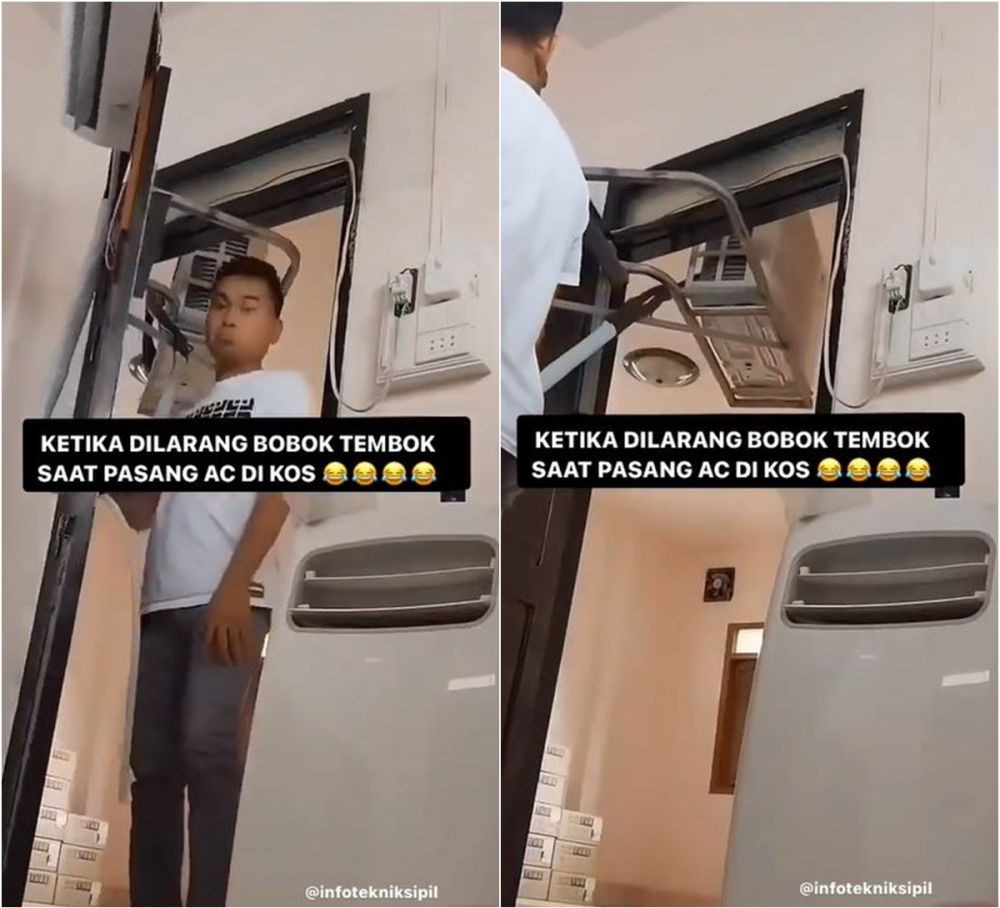 Dilarang membobok tembok kos, lifehack nyeleneh pria pas pasang AC ini idenya menantang gravitasi