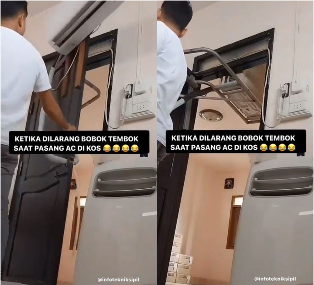 Dilarang membobok tembok kos, lifehack nyeleneh pria pas pasang AC ini idenya menantang gravitasi