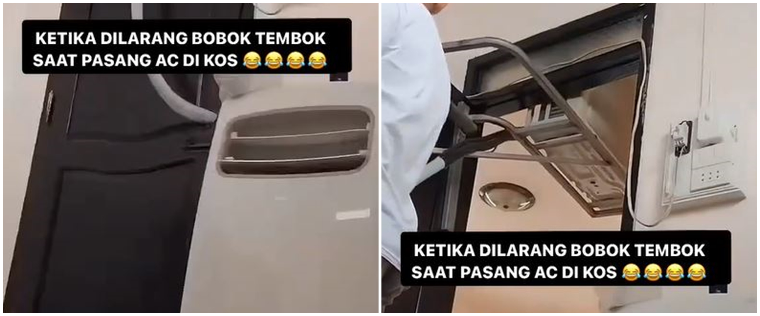 Dilarang membobok tembok kos, lifehack nyeleneh pria pas pasang AC ini idenya menantang gravitasi
