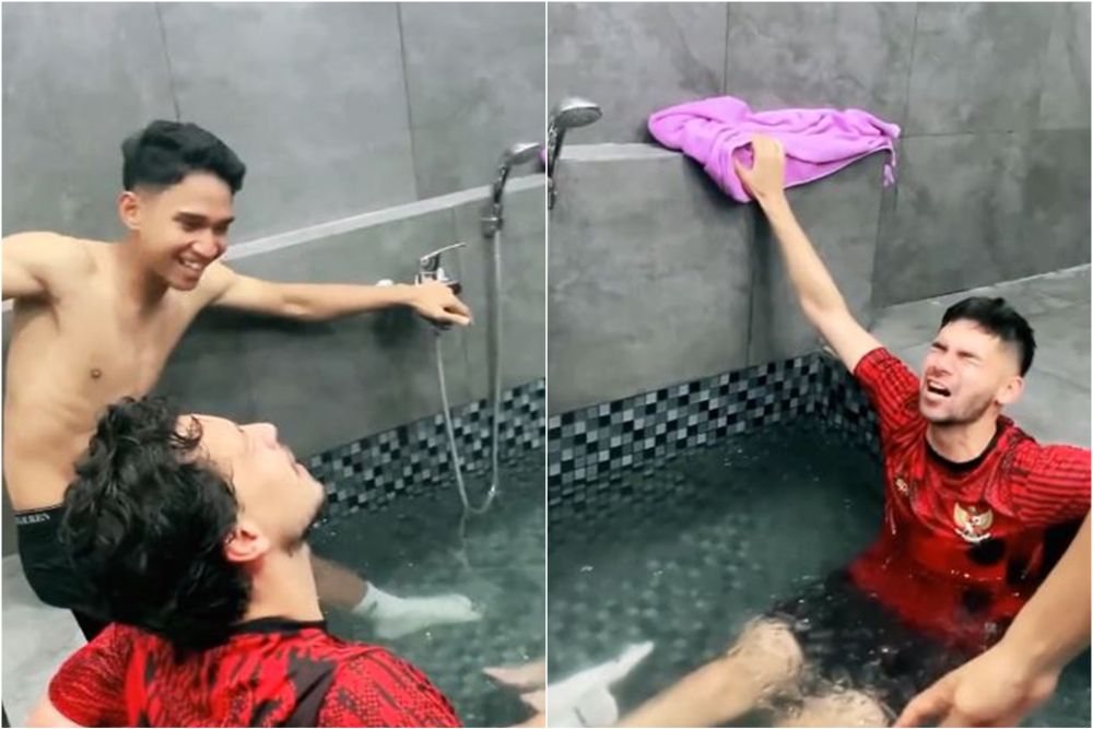 Momen pemain naturalisasi Timnas berendam air es sambil nyanyi Indonesia Raya ini bikin salut