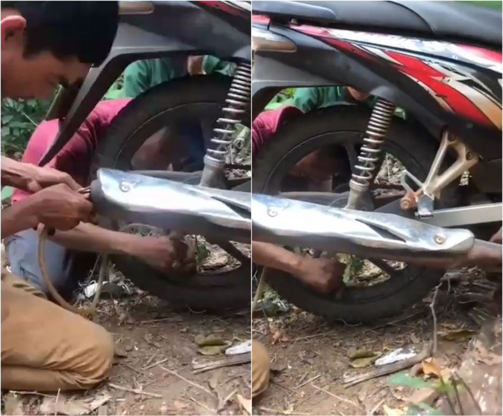 Ban kempes dan tak ada bengkel, lifehack nyeleneh isi angin pakai knalpot ini berguna saat emergency