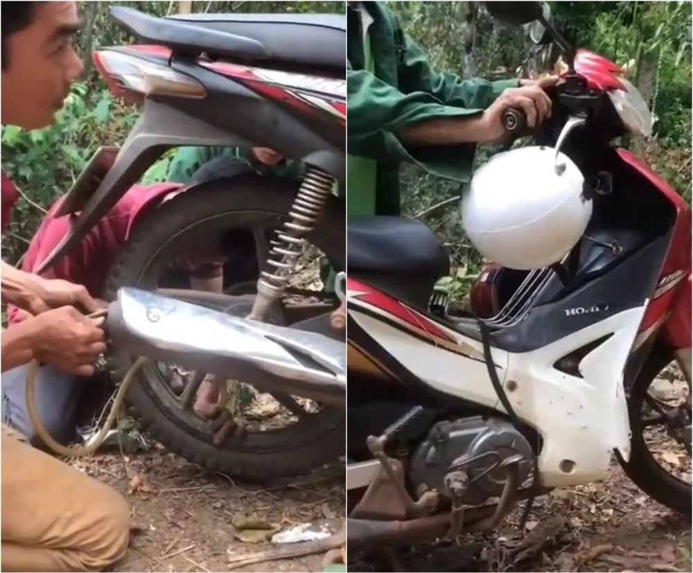 Ban kempes dan tak ada bengkel, lifehack nyeleneh isi angin pakai knalpot ini berguna saat emergency