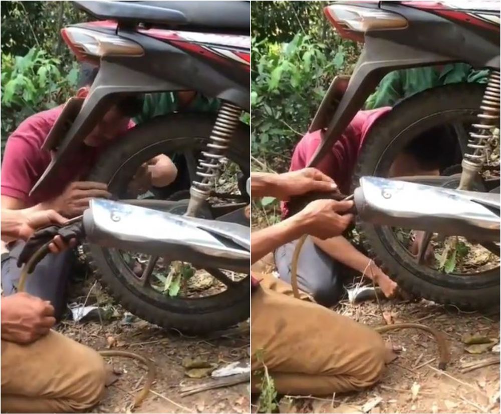 Ban kempes dan tak ada bengkel, lifehack nyeleneh isi angin pakai knalpot ini berguna saat emergency