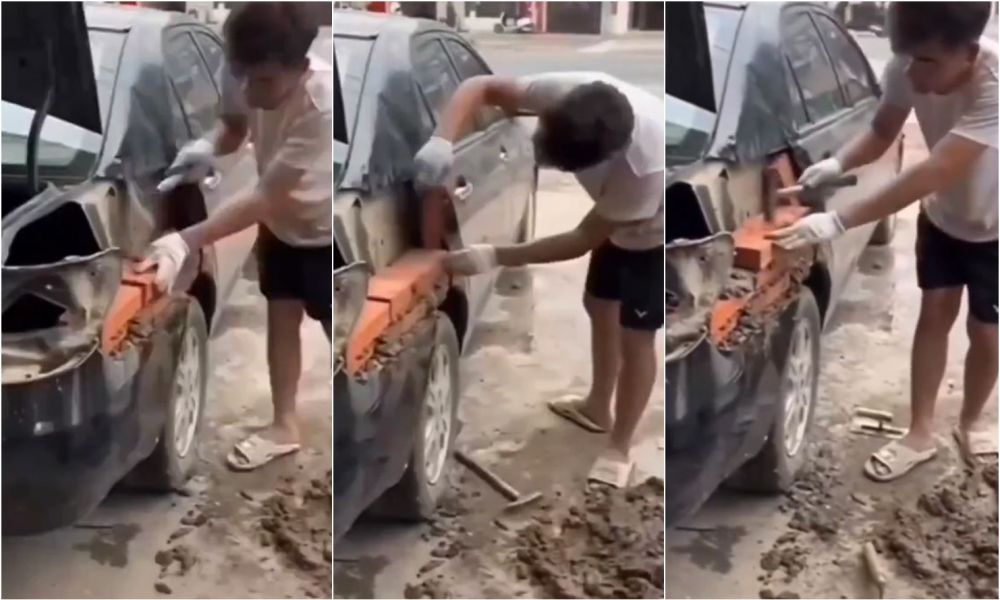 Lifehack nyeleneh cara tambal bodi mobil yang rusak ini ngawur pol, kuli bangunan pasti nggak setuju