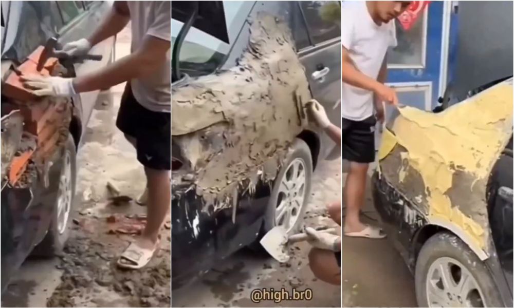 Lifehack nyeleneh cara tambal bodi mobil yang rusak ini ngawur pol, kuli bangunan pasti nggak setuju