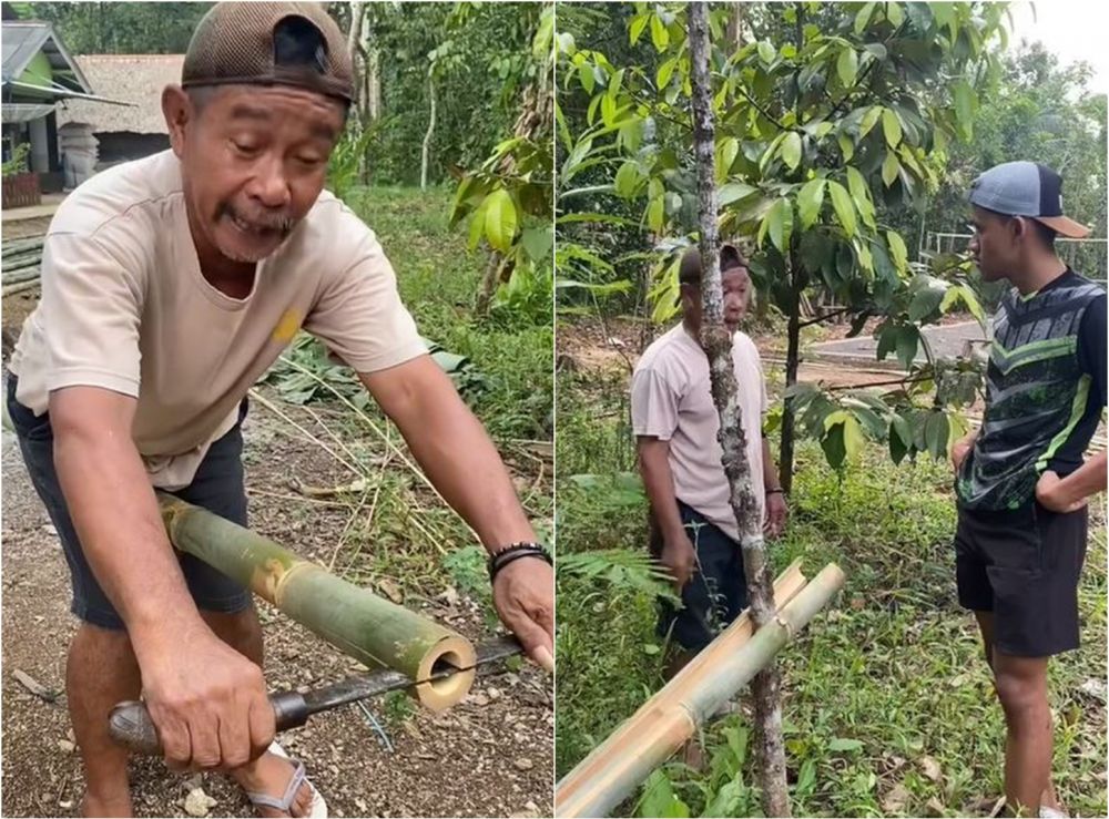Pria tunjukkan cara nyeleneh membelah bambu yang hemat waktu dan tenaga, tukang wajib tahu