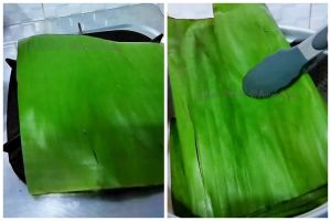 Tak perlu dibakar satu per satu, trik wanita melenturkan daun pisang ini cepat hanya butuh 5 menit