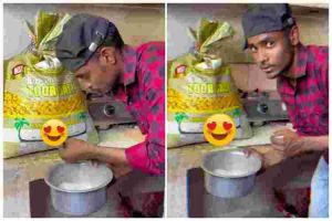 Aksi pria mengeluarkan beras dari karung ini tanpa perlu dibuka atau disobek, masak jadi lebih sat set