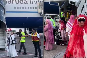 Momen jemaah Makassar pulang ibadah haji melenggang bak fashion show, gayanya bak toko emas berjalan