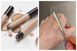 Aksi wanita tunjukkan fungsi lain alat makan untuk aplikasikan foundation, riasan jadi auto flawless