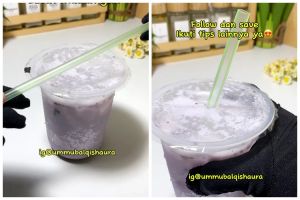 Cara wanita buka kemasan minuman pakai sedotan tumpul ini super praktis, sekali tekan langsung bolong