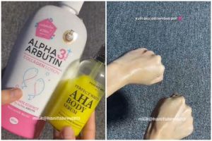 Campuran body lotion Alpha Arbutin dan body serum AHA ini bikin kulit cerah merata, ini cara pakainya