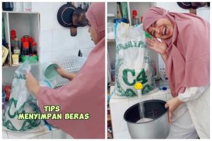 Kreatif banget, emak-emak ini punya trik sulap karung jadi dispenser beras cukup tambah 1 alat dapur
