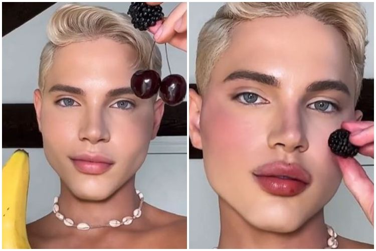 Andalkan buah-buahan segar, riasan pinky look cowok ini hasilnya bak pakai produk makeup