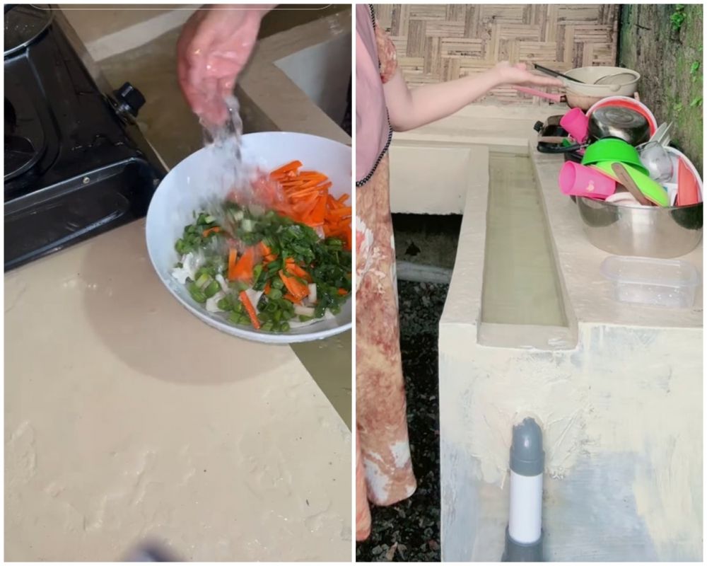 Dapur wanita ini berkonsep unik, tempat cuci piring bukan di wastafel dan tanpa kran
