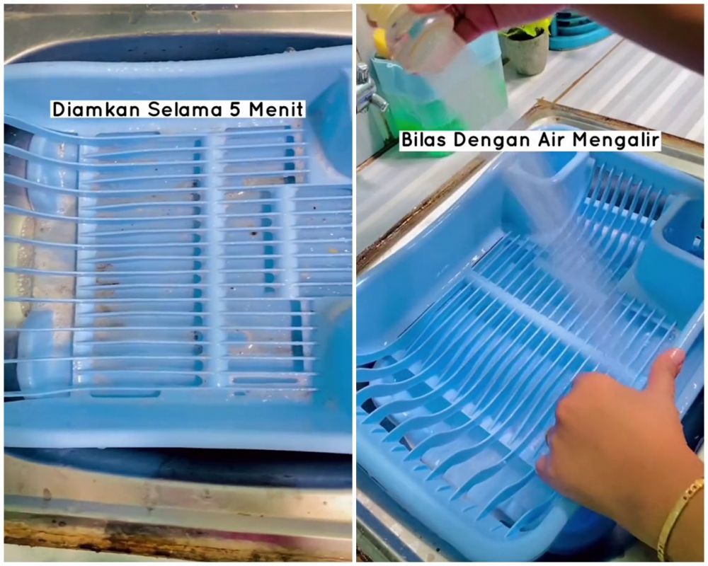 Pakai 2 bahan, cara bersihkan rak piring berjamur dan penuh kerak air ini auto kinclong tanpa disikat