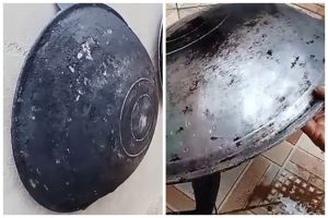 Tak perlu pakai cuka, ini cara meluruhkan kerak gosong di pantat wajan jadul cuma pakai 3 bahan dapur