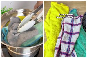 Tanpa direndam cuka, cara cuci lap dapur berminyak dan bau ini ampuh bikin bersih meski tak disikat