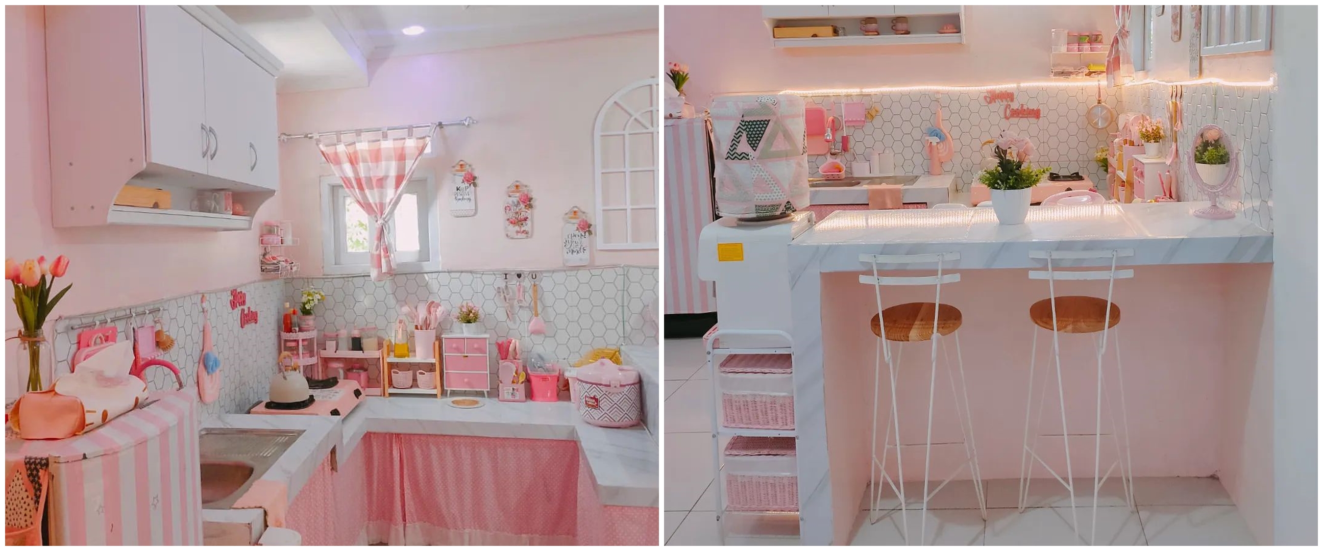 9 Potret dapur mungil dengan mini bar ini visualnya imut abis, cewek feminin pasti suka