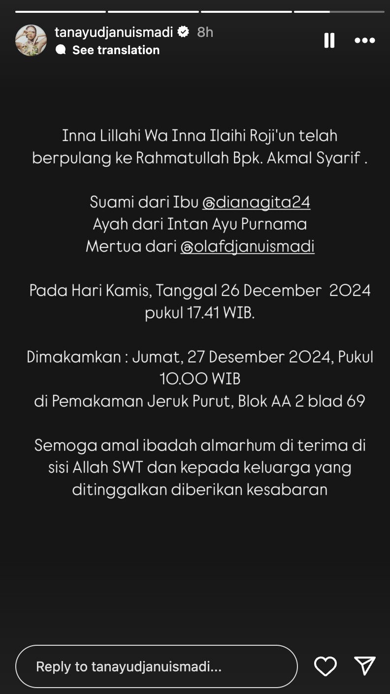 Ayah Intan Ayu meninggal dunia, ungkap kesedihan mendalam 