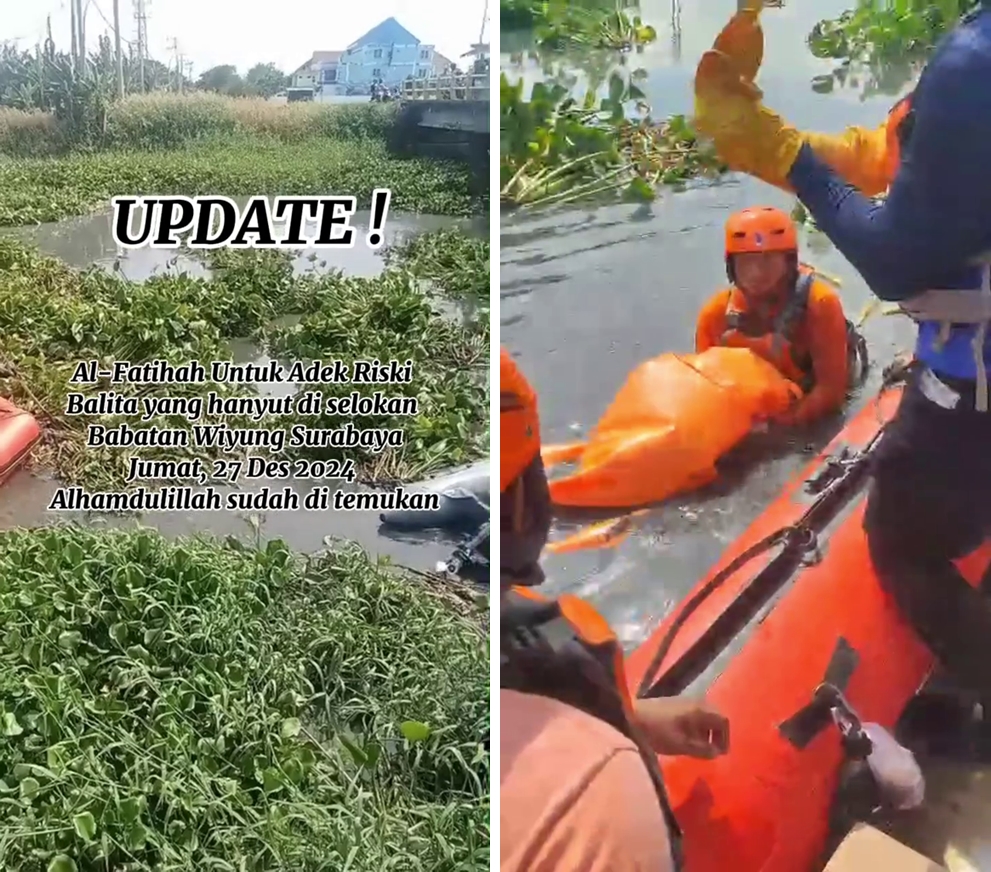 Detik-detik evakuasi balita 3,5 tahun yang terseret arus selokan, ditemukan di tumpukan eceng gondok