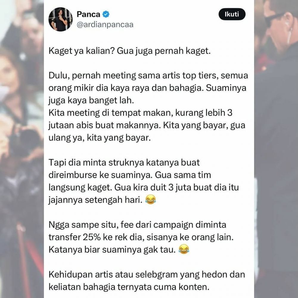Curhatan warganet pernah kerja bareng selebriti ini bikin bengong, ternyata besar gengsi minim duit
