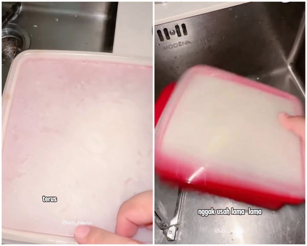 Jangan buru-buru digosok spons, ini cara hilangkan noda lemak bekas daging wadah plastik dalam 1 menit