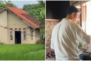 Dari luar terlihat hunian sepetak di tengah sawah, 7 potret interior dapurnya estetik meski full motif