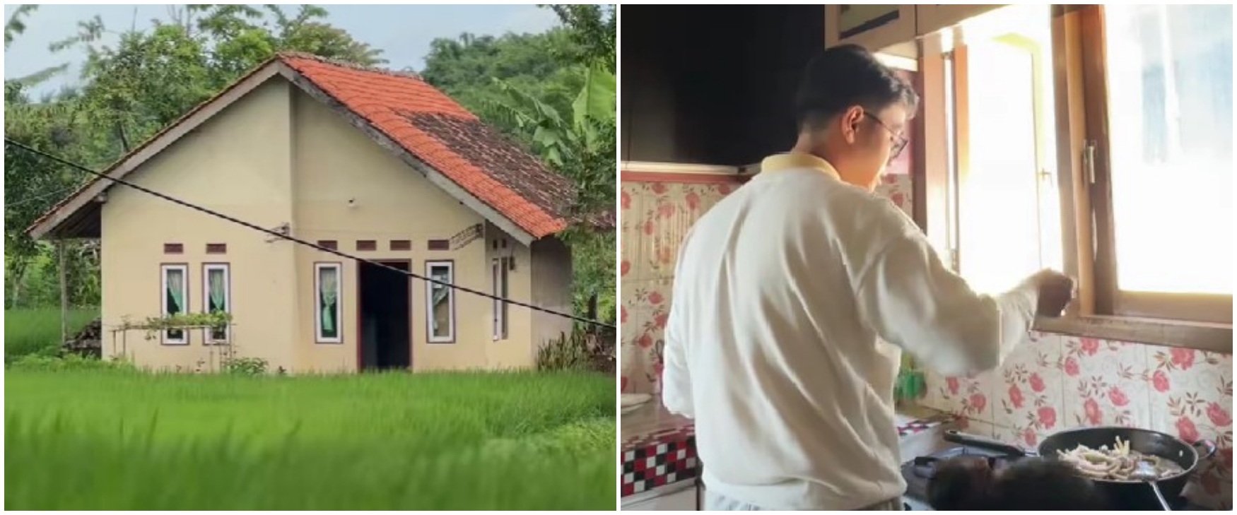 Dari luar terlihat hunian sepetak di tengah sawah, 7 potret interior dapurnya estetik meski full motif