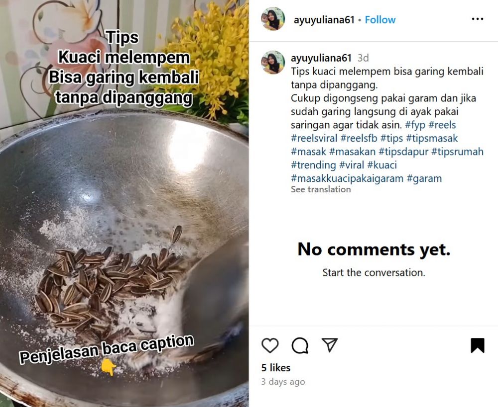 Kuaci melempem bisa garing lagi tanpa dipanggang, cukup masak bersama 1 bumbu dapur ini