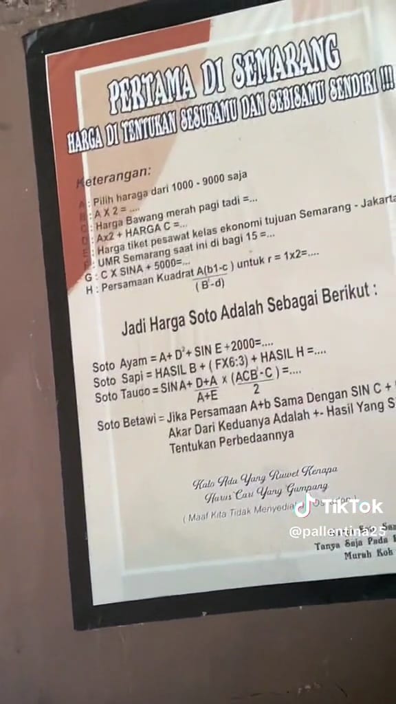 Tulisan menu warung soto di Semarang ini berasa soal matematika, niatnya mau makan malah dibuat puyeng
