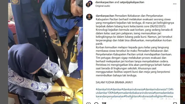 Siswi iseng memasukkan kelingking di lubang kursi, Damkar turun tangan, aksi evakuasinya menegangkan