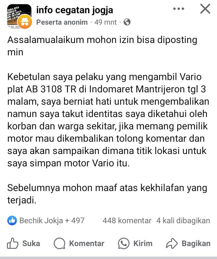 Motor peninggalan ibu dicuri saat kerja, maling ini lakukan hal tak terduga buat korban