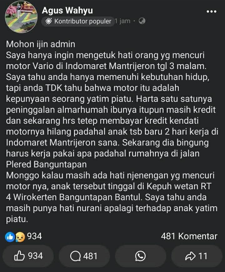Motor peninggalan ibu dicuri saat kerja, maling ini lakukan hal tak terduga buat korban