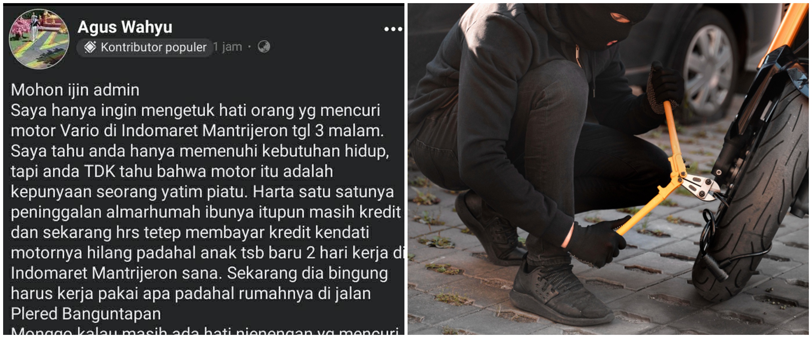 Motor peninggalan ibu dicuri saat kerja, maling ini lakukan hal tak terduga buat korban