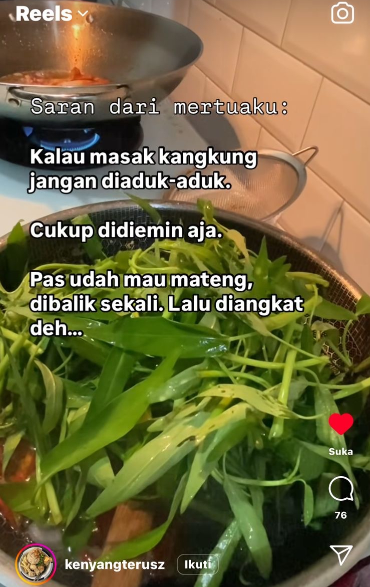 Rahasia mama mertua, ini trik masak tumis kangkung agar warna hijau segar dan tak layu