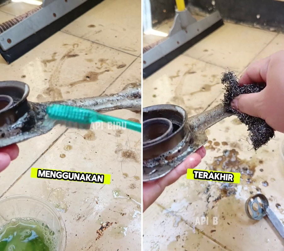 Trik bersihkan corong burner kompor berkarat jadi kinclong cuma pakai 3 bahan dapur, api jadi biru