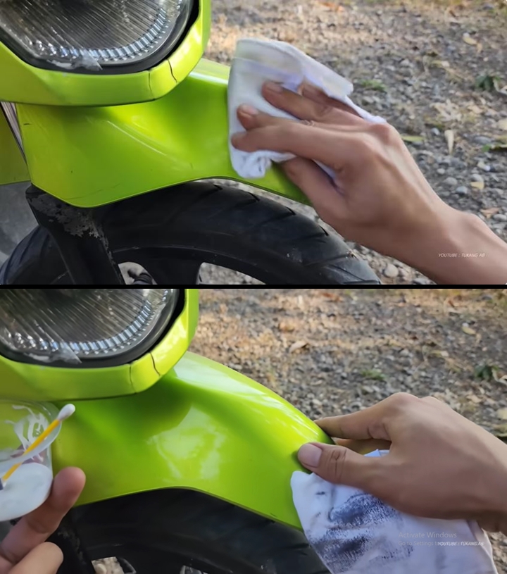 Trik bersihkan coretan di bodi motor tanpa rusak cat, dari kusam jadi kinclong pakai 2 alat sederhana