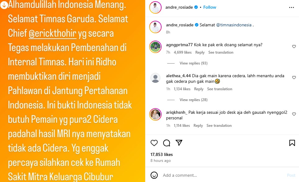 Heboh unggahan mertua Pratama Arhan soroti kemenangan Indonesia, sindir ada pemain pura-pura cedera