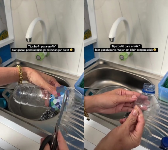 Anti sakit tangan saat gosok panci, trik kreatif emak-emak bikin pelindung ini manfaatkan botol bekas