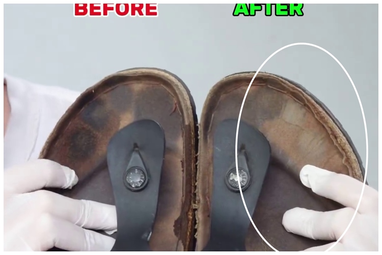 Cara bersihkan noda hitam bekas kaki di sandal kulit lama jadi kinclong, pakai 2 bahan dapur