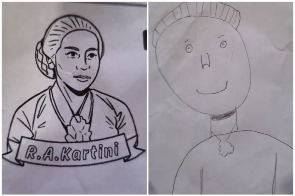 11 Potret hasil gambar siswa SD saat diminta gambar R.A Kartini ini hasilnya bikin guru ketawa puas