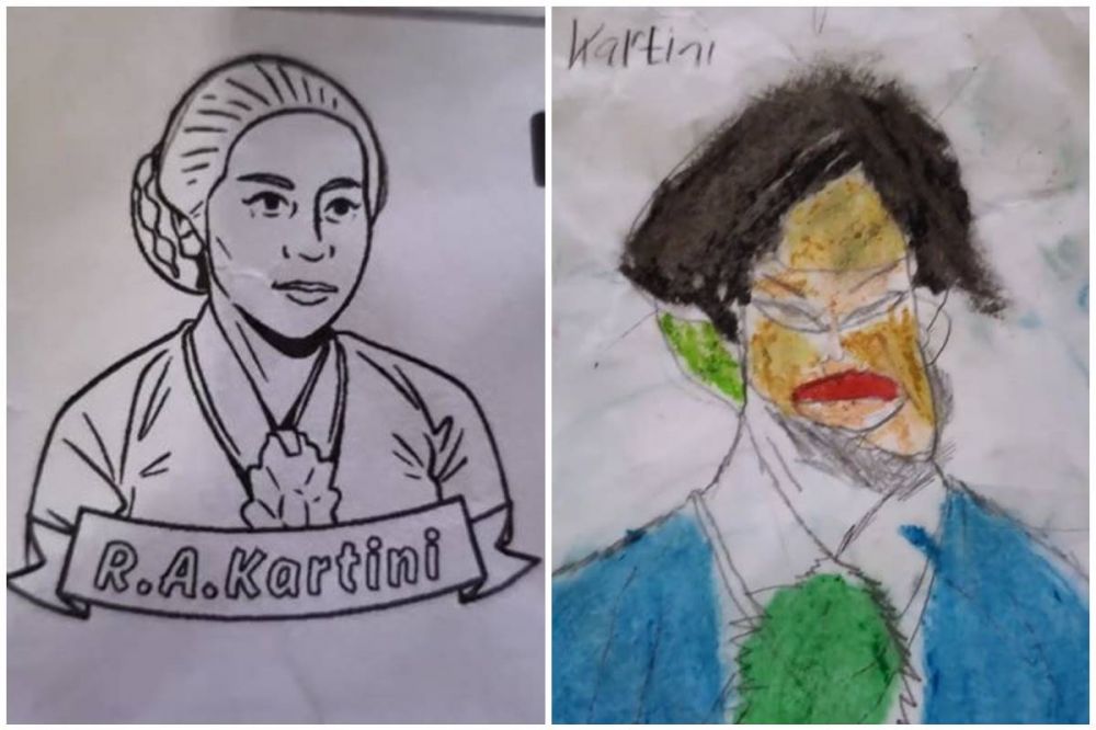11 Potret hasil gambar siswa SD saat diminta gambar R.A Kartini ini hasilnya bikin guru ketawa puas