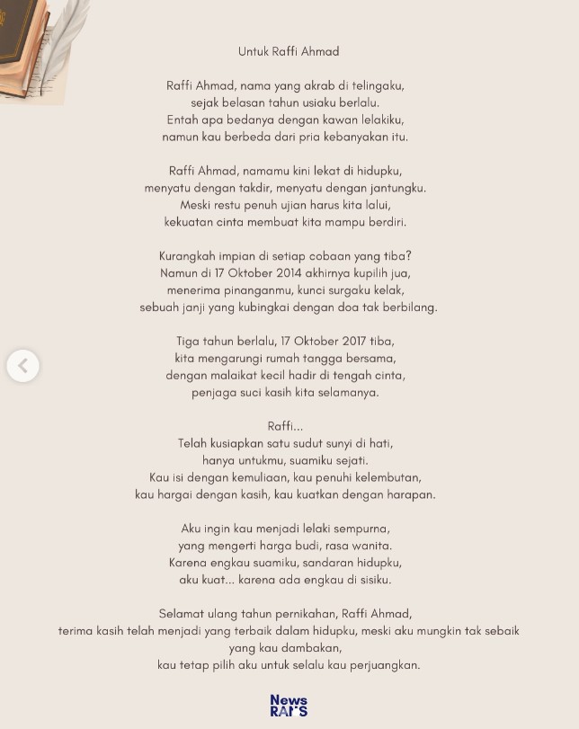 Viral puisi lawas ultah pernikahan karya Nagita Slavina untuk Raffi Ahmad, isinya sweet bikin mewek